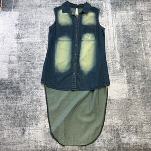 Glam Dollz Top Women Medium Sleeveless Denim Jean Button Up High Tail Low Grunge